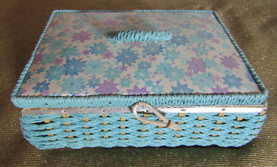 Vintage MCM Dritz Sewing Basket/Box 1960/70s Turquoise Wicker Floral