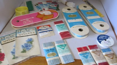 25 NOS Trimmings France Lace Spools Seam Binding Blanket Appliques Pearl Beads