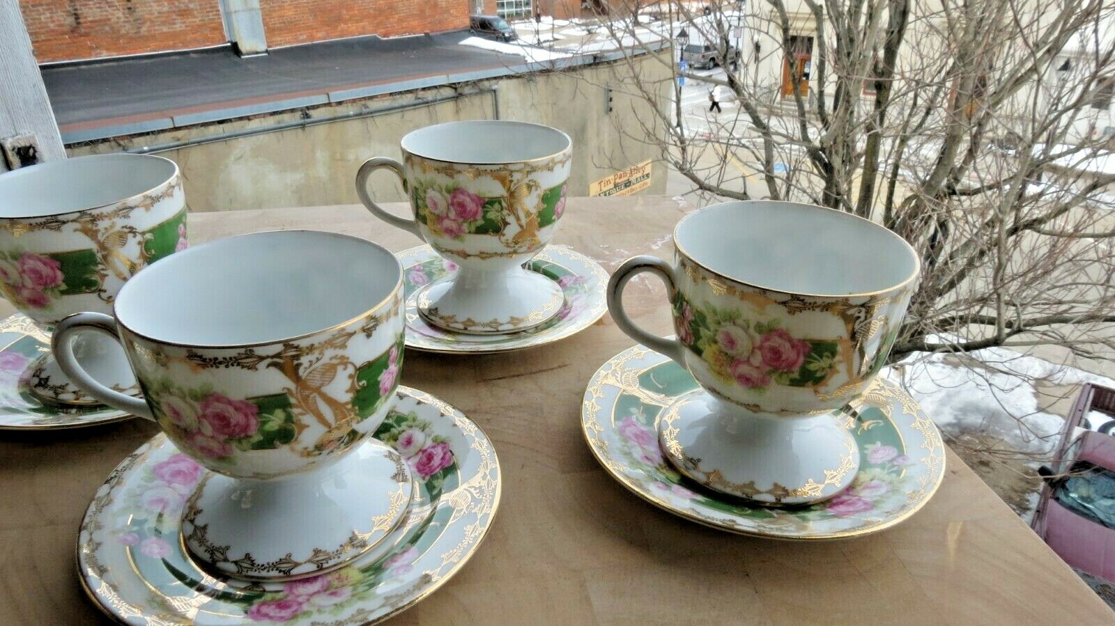 6 Vintage Antique Double NE@T Cups Style Tea Cups Pink, Green Gold Gilt Saucer
