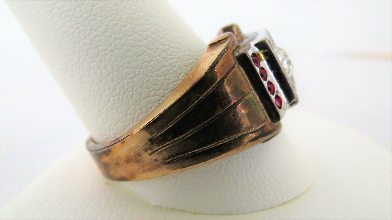 Vtg Mens 10 K GF STERLING Sz 13 Ring Signed Clear Rhinestones & Red UNCAS 8.5 GM