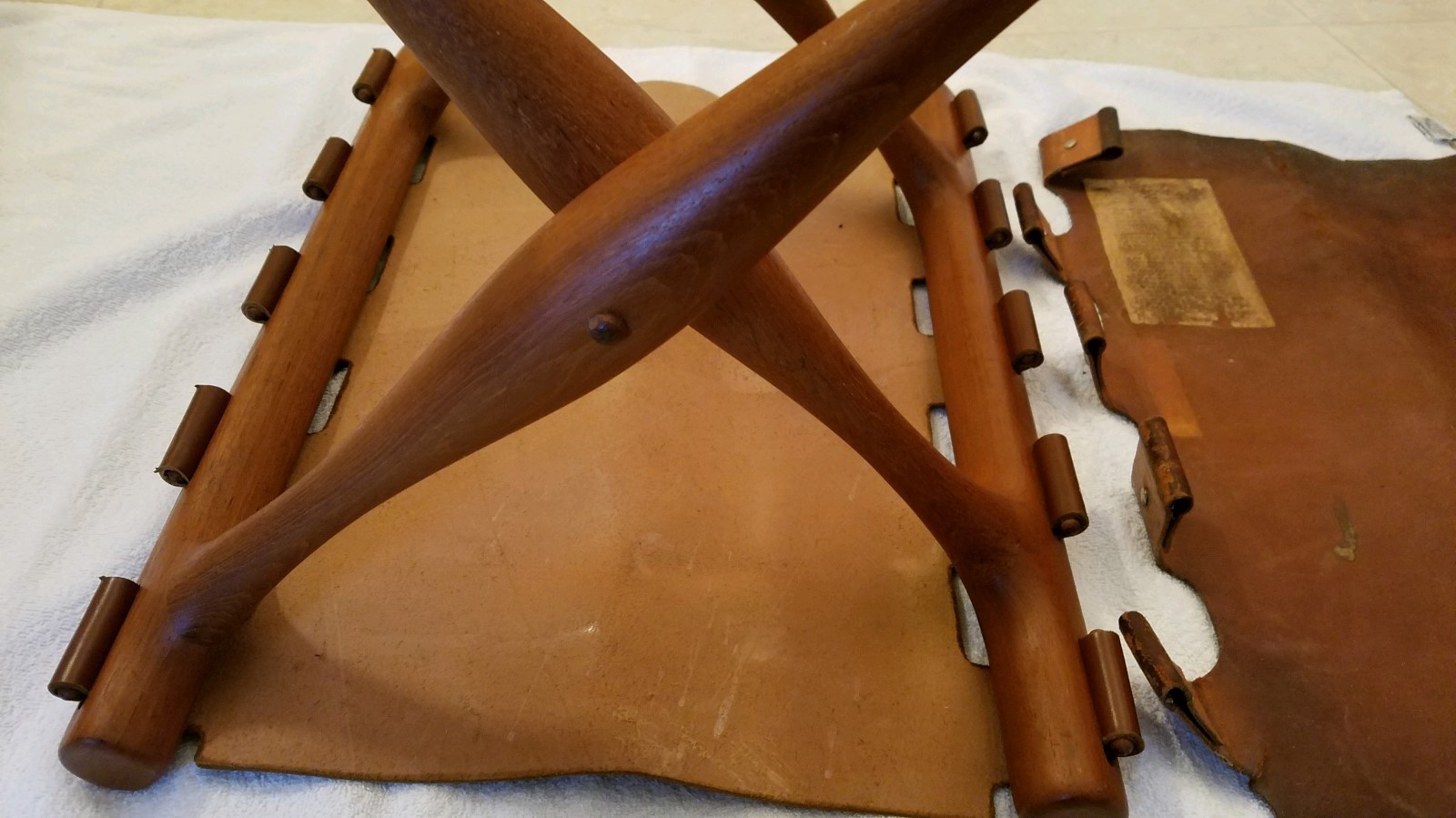 Poul Hundevad Vintage Solid Teak & Leather X Base Folding Guldhoj Stool