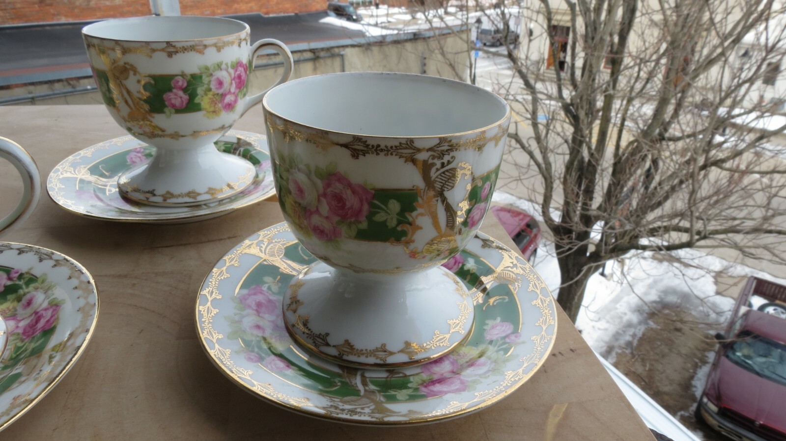 6 Vintage Antique Double NE@T Cups Style Tea Cups Pink, Green Gold Gilt Saucer