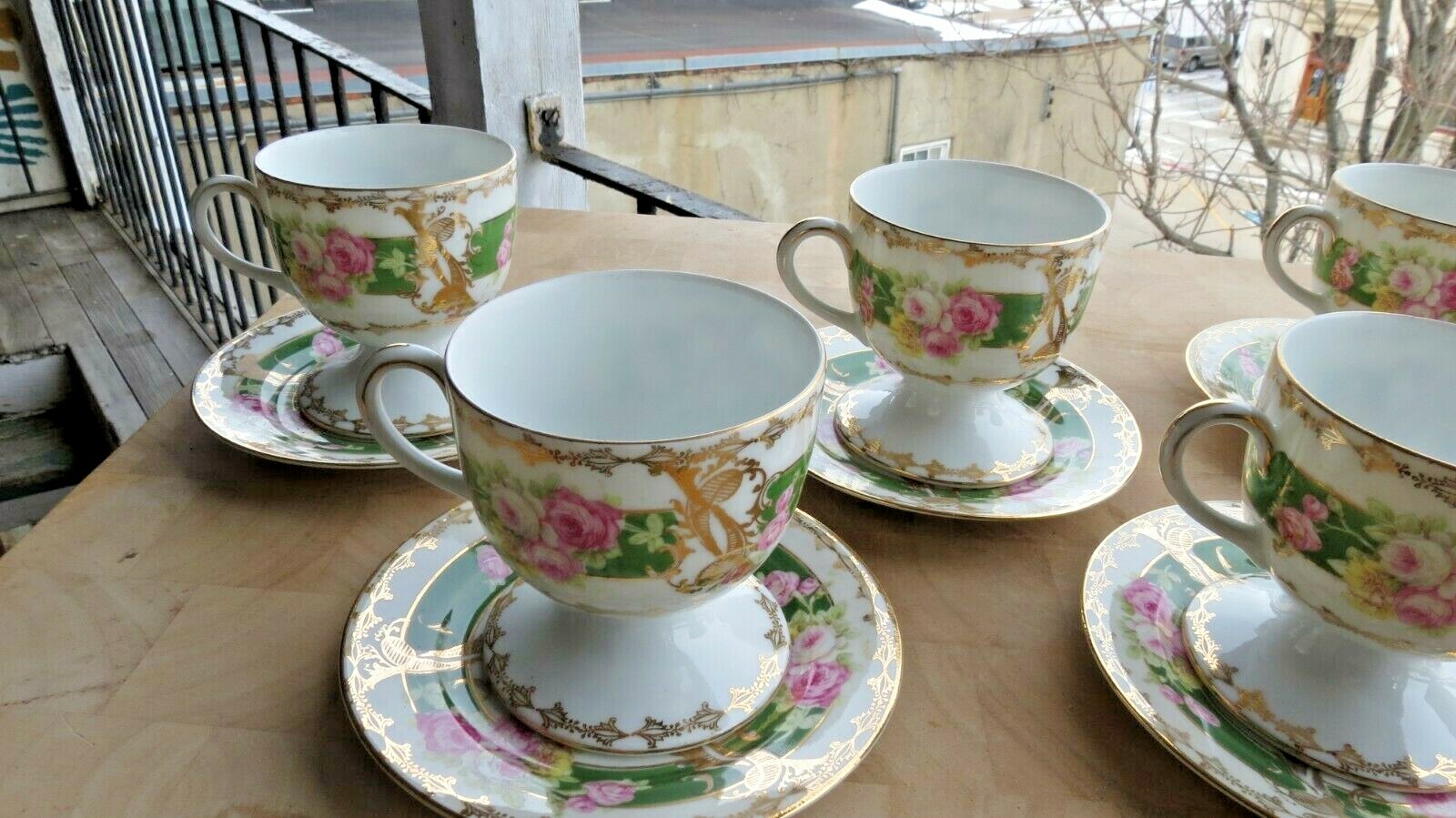 6 Vintage Antique Double NE@T Cups Style Tea Cups Pink, Green Gold Gilt Saucer