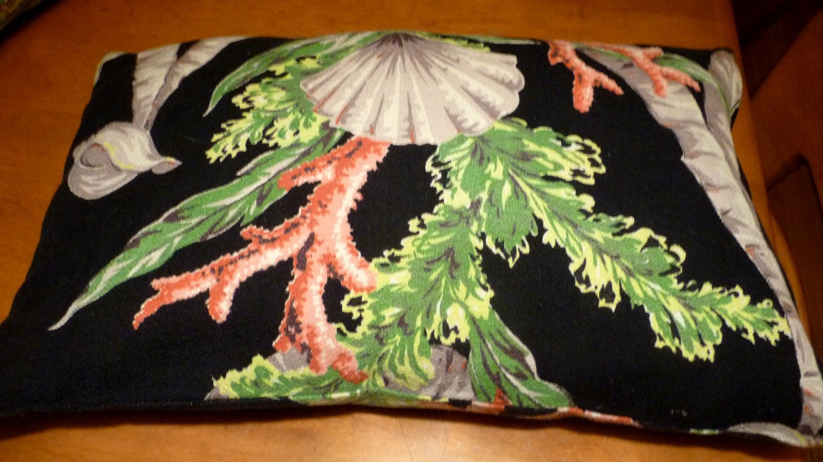 Vtg MID Century BLACK Bark Cloth SEASHELL Red Pink CORAL Reef SEA LIFE FABRIC