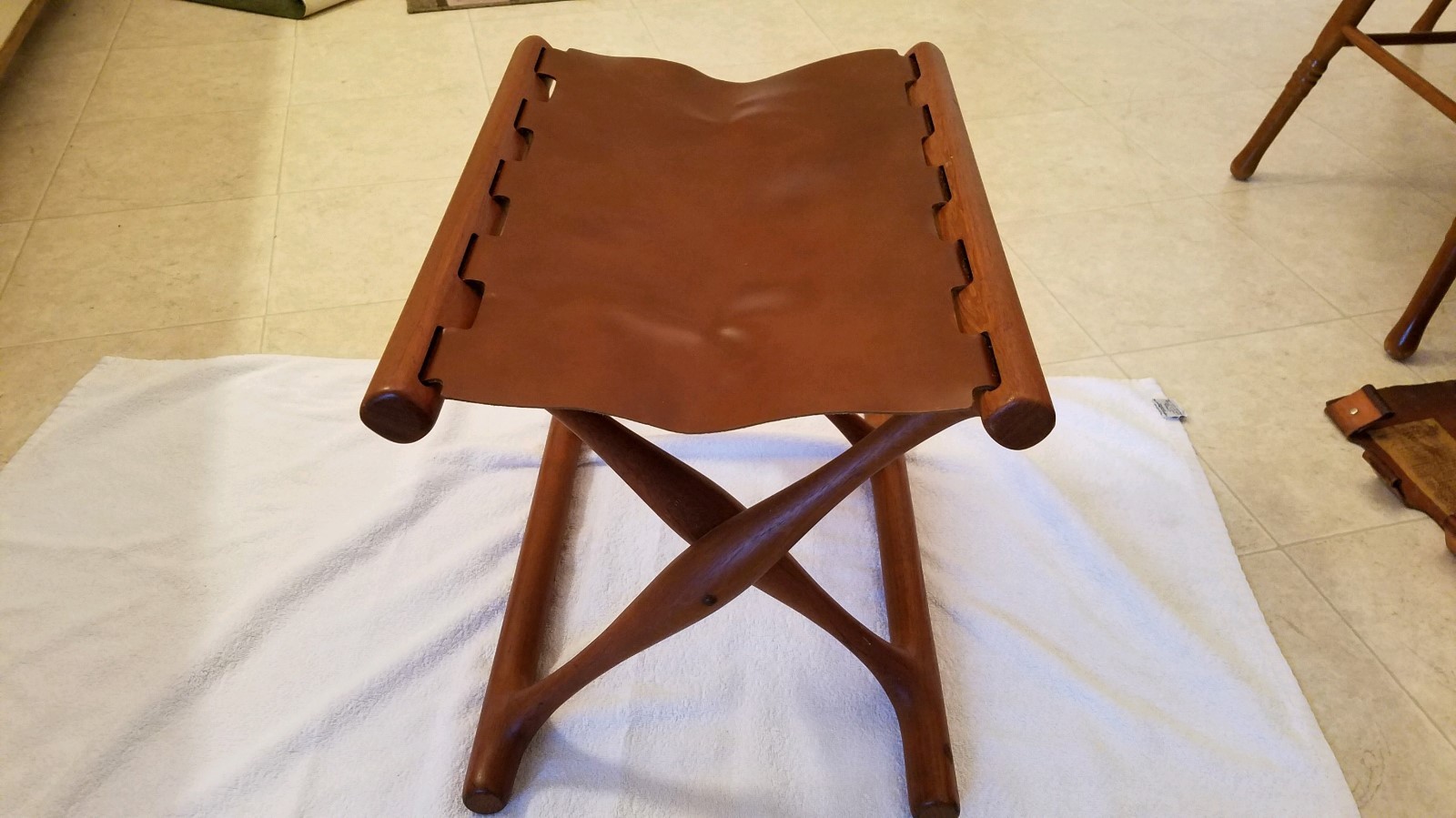 Poul Hundevad Vintage Solid Teak & Leather X Base Folding Guldhoj Stool