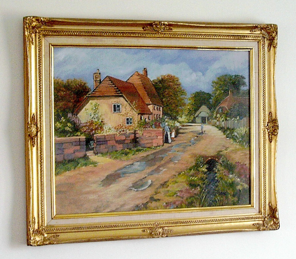 Large Framed Oil Painting of Country Lane and Cottage in Wishaw