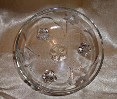 Clear Etched Flowers 3 Footed Compote