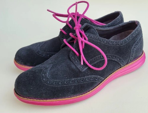 Cole Haan Lunargrand Women's Blue Suede Wingtip Pink Soles