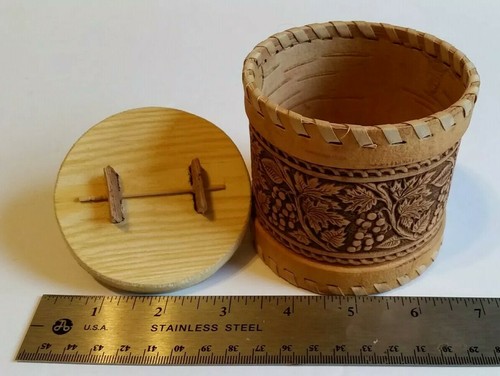 Handcrafted Russian Birch Bark Grape Vine Leaf Decorated Canister Or Trinket Box