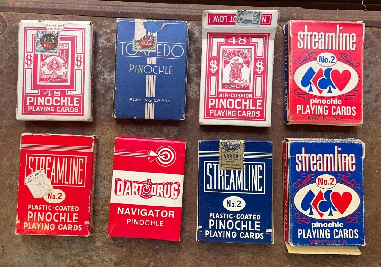 8 decks Vintage Pinochle Playing Cards, Bicycle Streamline