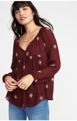 Old Navy Long Sleeve Sexy Swing Boho Geometric Print Peasant Top Burgundy M NEW
