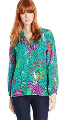 Lilly Pulitzer Elsa Top 100% Silk Multi Shake Your Tail Feathers Women s Size  S