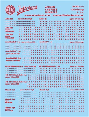 Numbers 11 Arial;AmarilloUSAF;DIN1451Mittelschr;Stencil 0,48-1,67mm pt 2-5 red