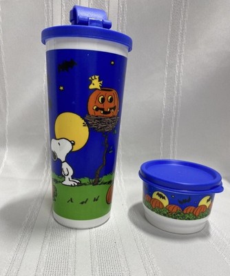 Vintage Tupperware Peanuts Snoopy Halloween 16 oz Tumblers & Snack Cup Set