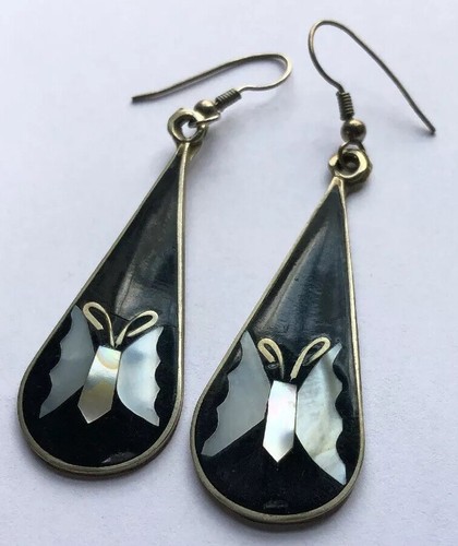 Vintage Alpaca Mexico Dangle Earrings Onyx And Mother Of Pearl MOP Butterflies