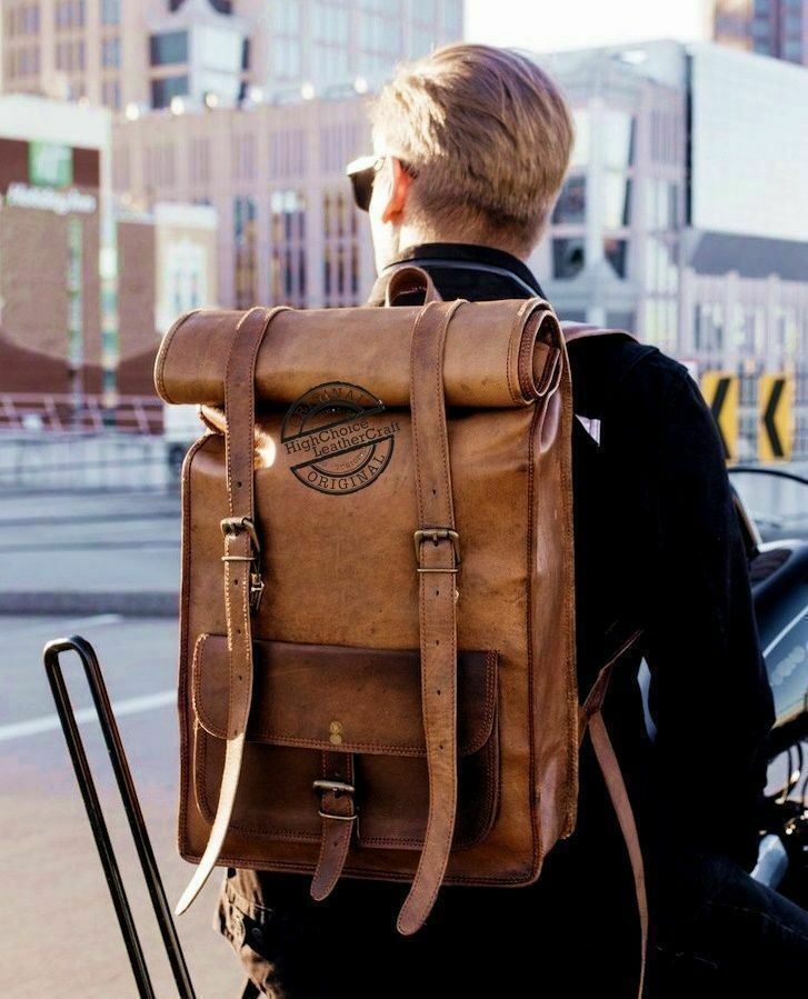 Leather Roll Top Backpack Rucksack Laptop College Bag Durable Handmade