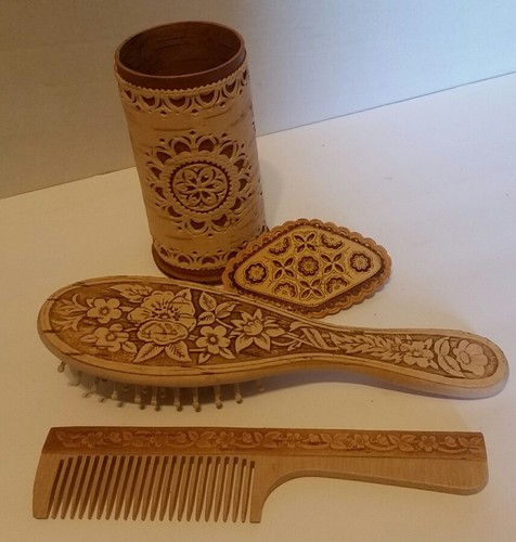 Russian Birch Bark Wooden Hair Brush Comb Canister Pencil Holder Barrette Set
