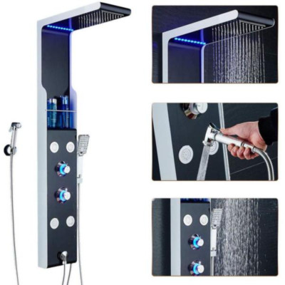 Waterfall LED Shower Head Black Luxury Tower Panel High Pressure Massage System