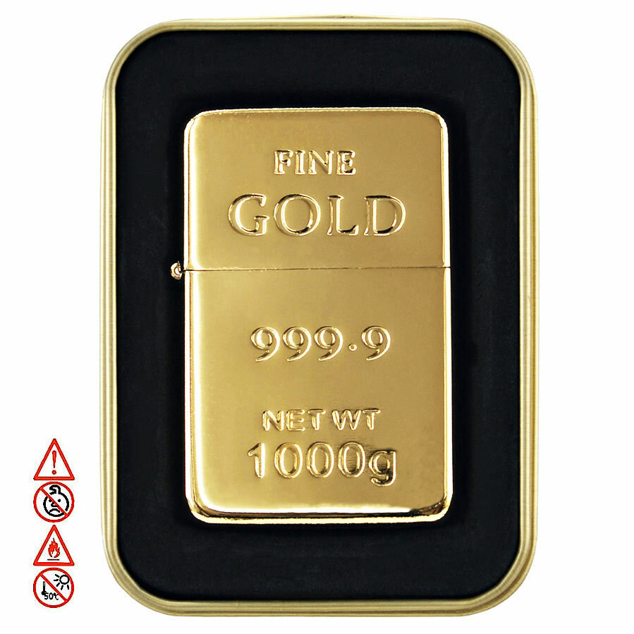 Benzinfeuerzeug Goldbarren-Deko mit Box Sturmfeuerzeug Benzin Feuerzeug Atomic