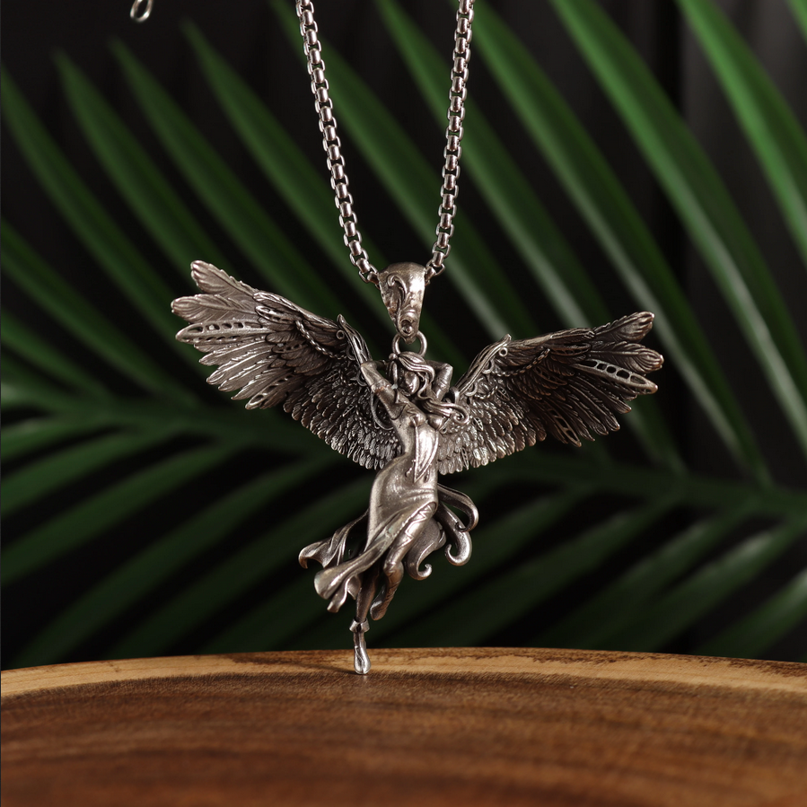 Ecstasy Angel Jewelry Vintage Silver Sexy Goddess Standing Pendant Necklace