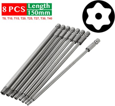8Pcs 1/4'' Hex Shank 6''(150mm) Long T8-T40 Magnetic Torx Head Screwdriver Bit Set