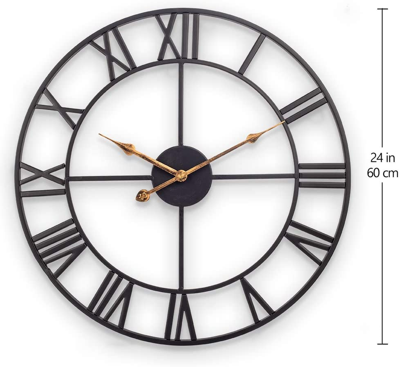 24 Inch Large Wall Clock, Industrial Wall Clock with Roman Numerals, Black Indoo