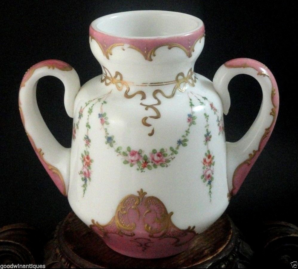 Antique French Rococo Opaline Hand Painted Enamel Floral Hyacinth Art Glass Vase