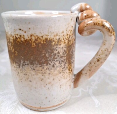 Studio Art Glazed Handmade Pottery Coffee Tea Mug Curly Handle 14 oz Signed KDS