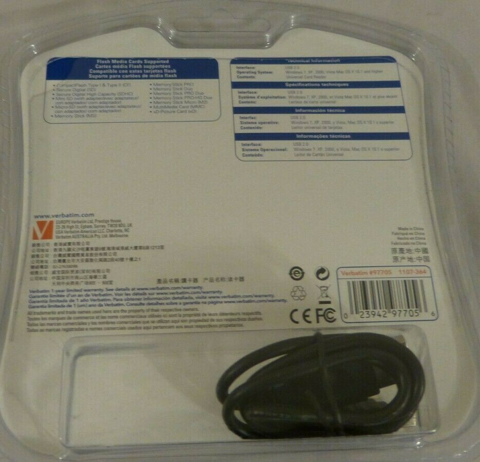 Verbatim #97705 Universal Memory Card Reader w/ USB Cable 2.0 Sealed