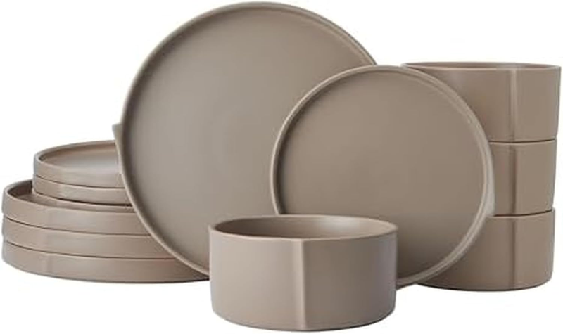 Contemporary Edge 12 Piece Stoneware Dinnerware Set, Service for 4, Plate and Bowls with High Rims for Everyday Use, Taupe