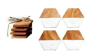 Marble & Natural Mango Wood Tea/Coffee Coasters (Set of 4) Hexagon, Multicolored