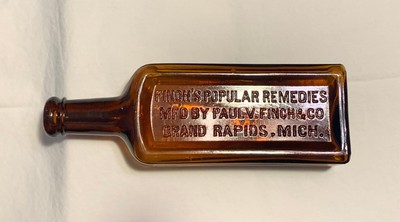 1890s Amber Medicine Bottle Finch's  Remedies Grand Rapids, Michigan Mich Mi