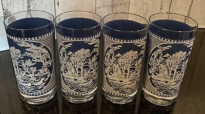 1960s Currier And Ives Blue And White Tumblers  12 Oz Old Grist Mill - Set Of 4