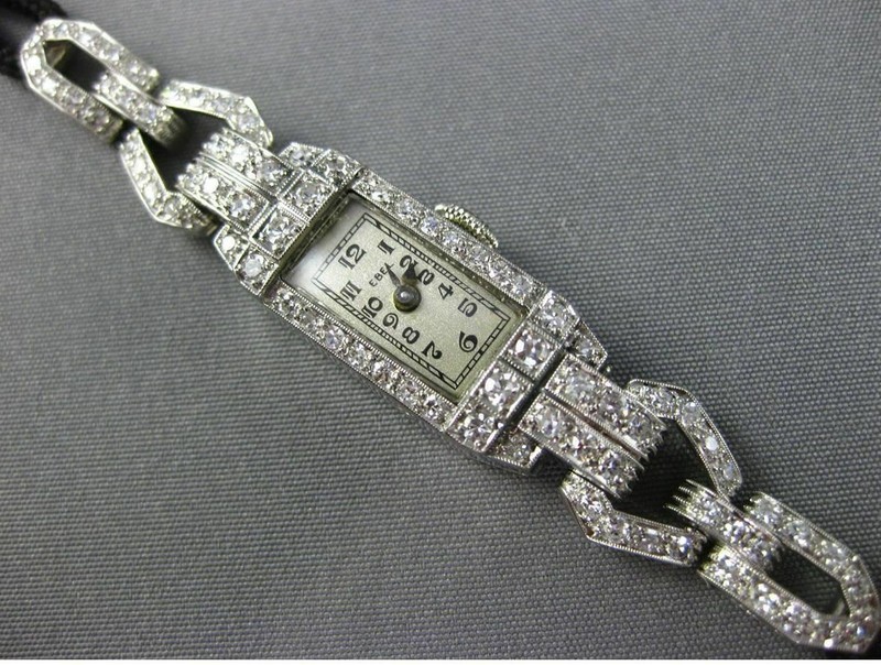 ANTIQUE LONG 1.50CT OLD MINE DIAMOND PLATINUM RECTANGULAR COCKTAIL WATCH