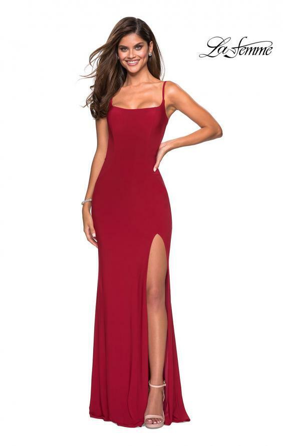 LA FEMME 27469 Темно-красное трикотажное платье со шлейфом и глубоким вырезом на бретельках на спине 8