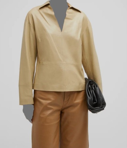 Pre-owned Vince $995  Women's Beige Leather Popover Long Sleeve Shirt Blouse Top Size Xs