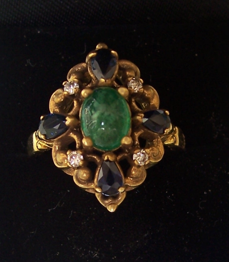 NEW 1987 $1950 FABERGE 14K GOLD RING 4 DIAMOND Carat CABOCHON EMERALD 4 SAPH 7.5