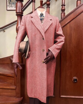 Swedish Tweed Men's Long Overcoat Wool 1950s Herringbone Business Outdoor Wear