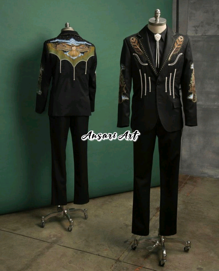 Pre-owned Art Men Black 2pc Bespoke Cowboy Eagle Floral Rinestone Country Western Suit Wedding