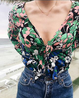 ZARA TOP FLORAL PRINT BODYSUIT FRONT TIE KNOT SIZE S M L