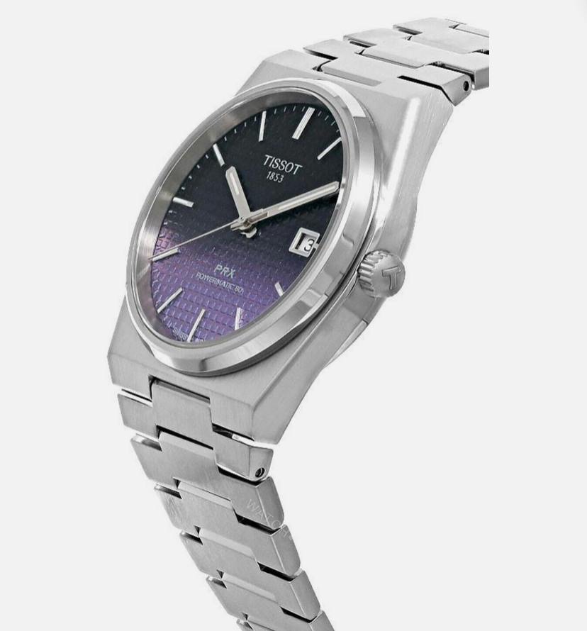 Pre-owned Tissot Prx T1374071105101 Powermatic 80 Automatic Watch Chameleo Dial Box Papers