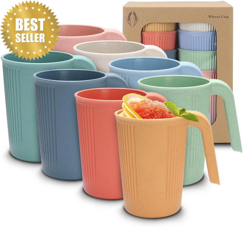 8 Pcs Wheat Straw Cup with Handle Colorful Wheat Straw Mug Stackable Plastic Cof