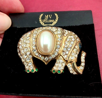 New MV VELLANO Rhinestone Pearl Elephant Brooch Pin NWOT 