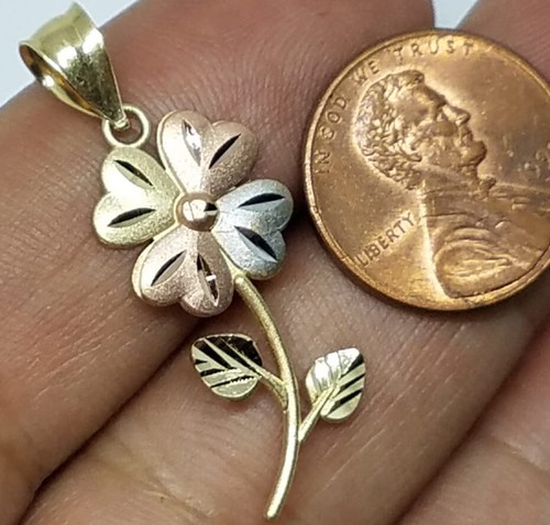 Pre-owned Handmade Gold 14k Good Luck Lucky Pendant Flower Clover Rose Charm Necklace Gift 1.35" In Pink