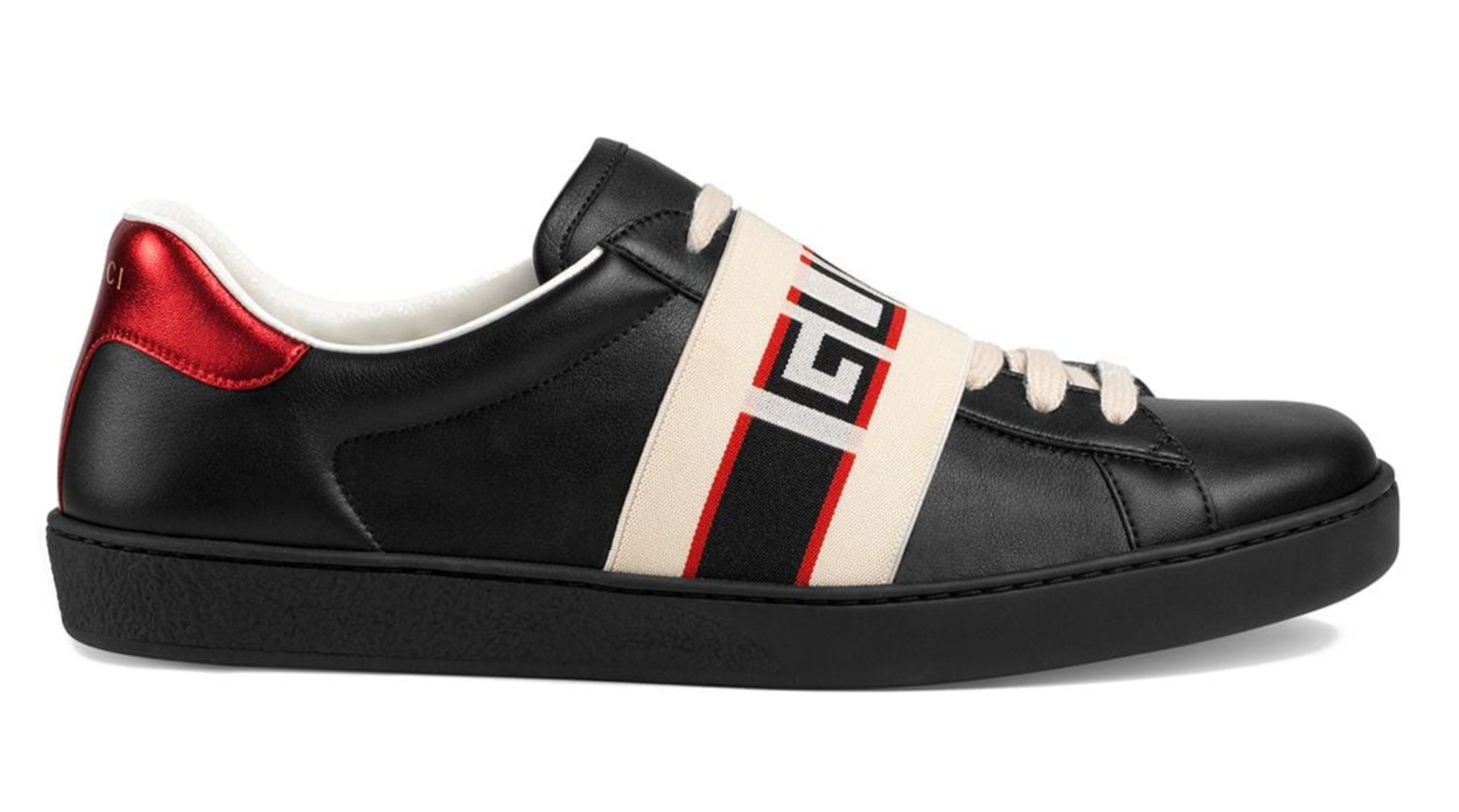 Gucci Mens Black New Ace Elastic Band Leather Flat Low Top