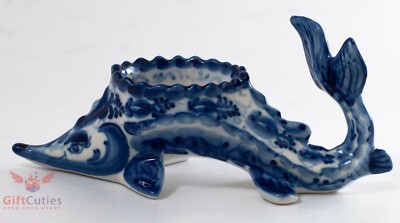 Gzhel Porcelain Caviar server bowl holder fish "Sturgeon" Acipenser Hand painted