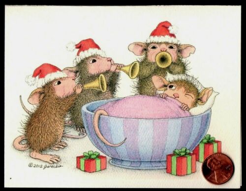 Christmas House Mouse Mice Horns Sleeping Presents Bowl Christmas Greeting Card 