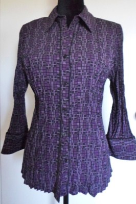FRED DAVID sz M B/D blouse stretch accordion pleated 3/4 slv purple NEW NWOT
