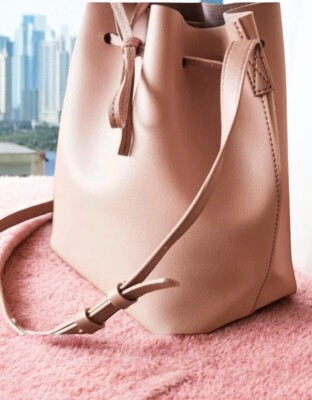 Pink Drawstring Bucket Bag Purse Kayla + Ava Vegan Leather Bow Dusty Pink 13x10''
