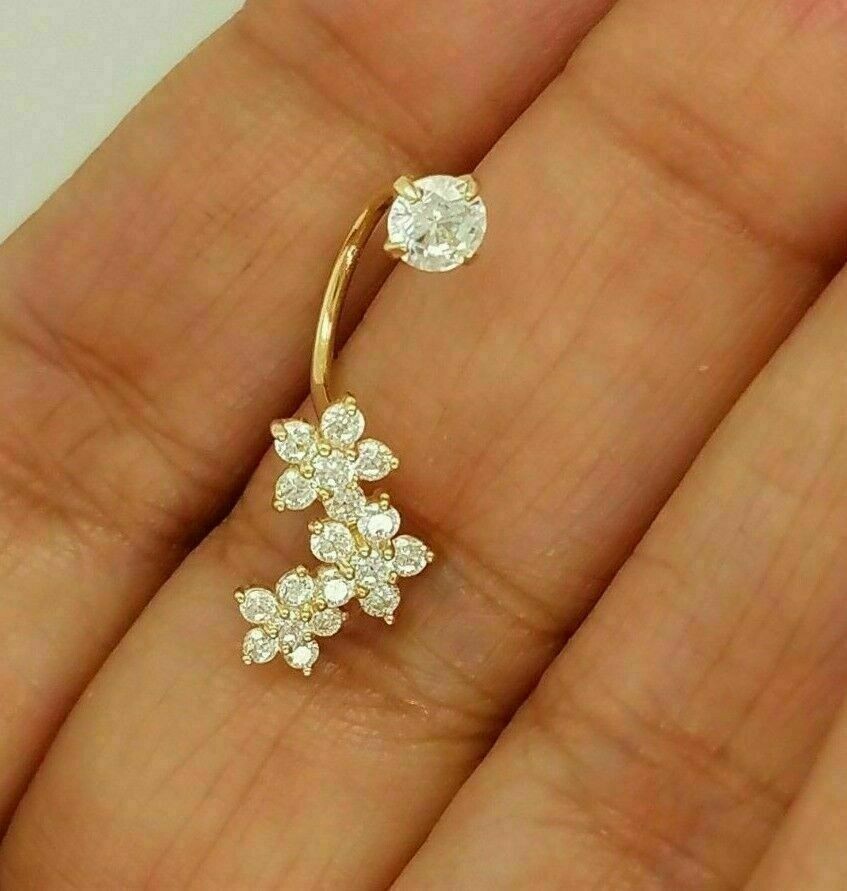 1Ct Lab Created Diamond Flower Belly Navel Body Piercing Ring 14K Yellow Gold Fn